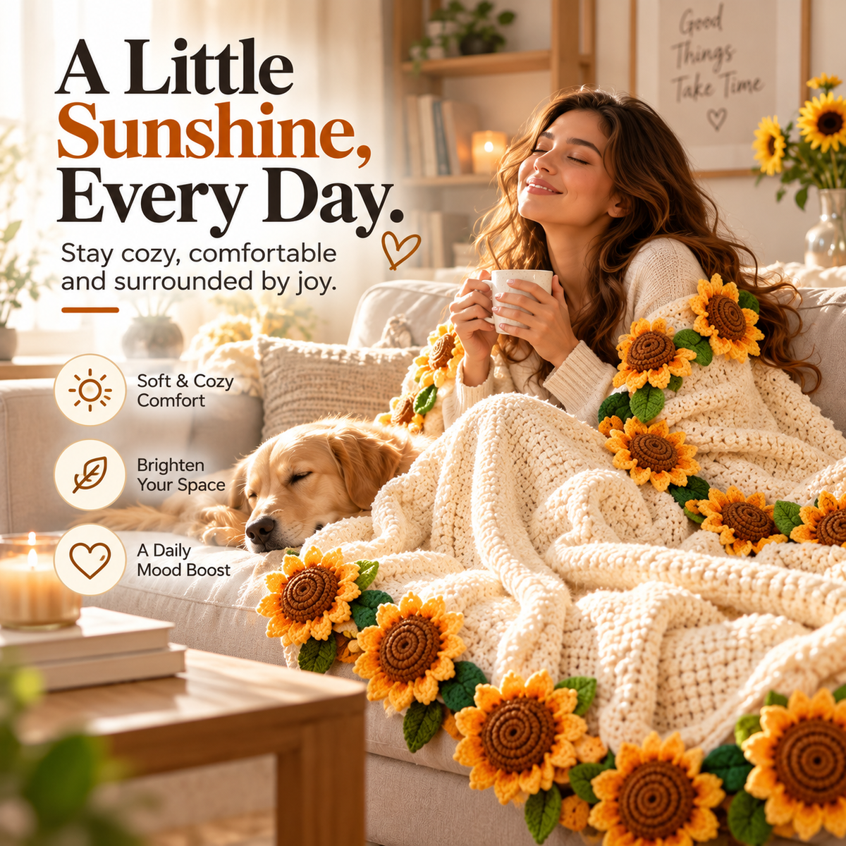 🌻 50% OFF – Handmade Sunflower Bouquet Blanket – Crochet Flower Gift Blanket for Her 💛✨