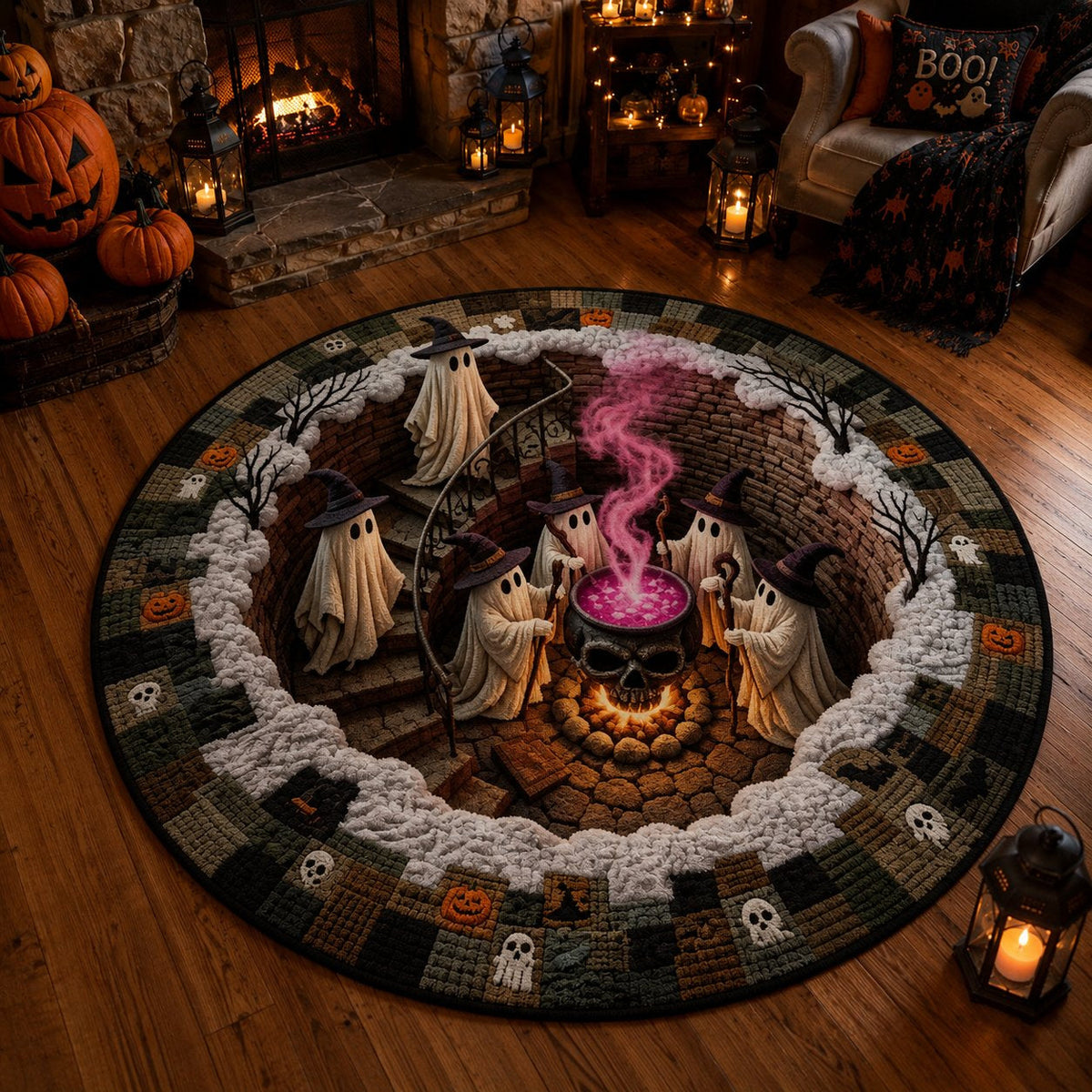 🎃👻 3D Haunted Staircase Round Rug Spooky Halloween Optical Illusion Floor Decor🔥