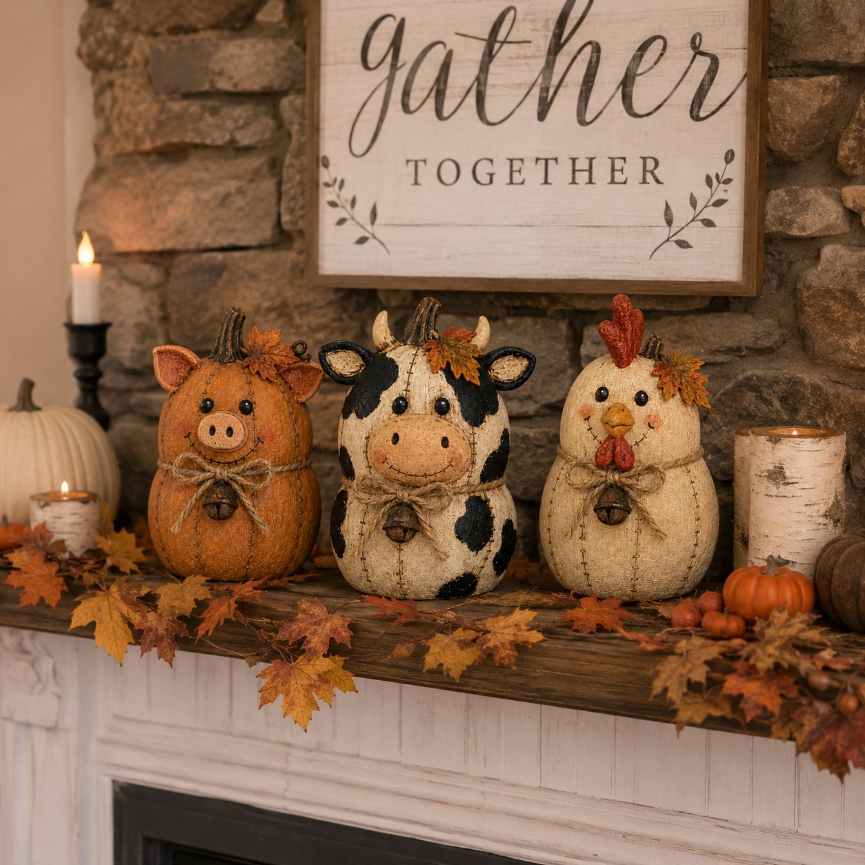 Rustic Farm Pumpkin Friends – Cow Pig Chicken Fall Decor Set