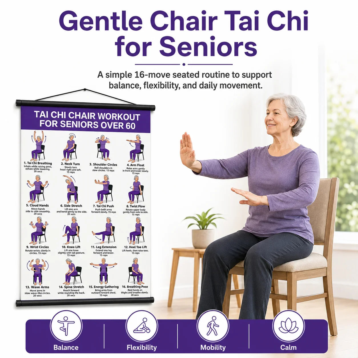 Senior Wellness Exercise Poster – 16-Step Chair Tai Chi Routine for Daily Mobility
