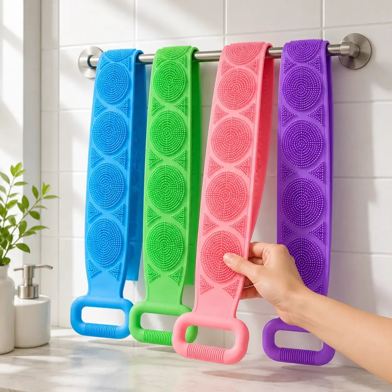 🔥LAST DAY 50% OFF - 🚿🛁 Silicone Shower Back Scrubber Belt – Double-Sided Exfoliating Shower Body Brush with Mesh Sponge for Deep Cleaning