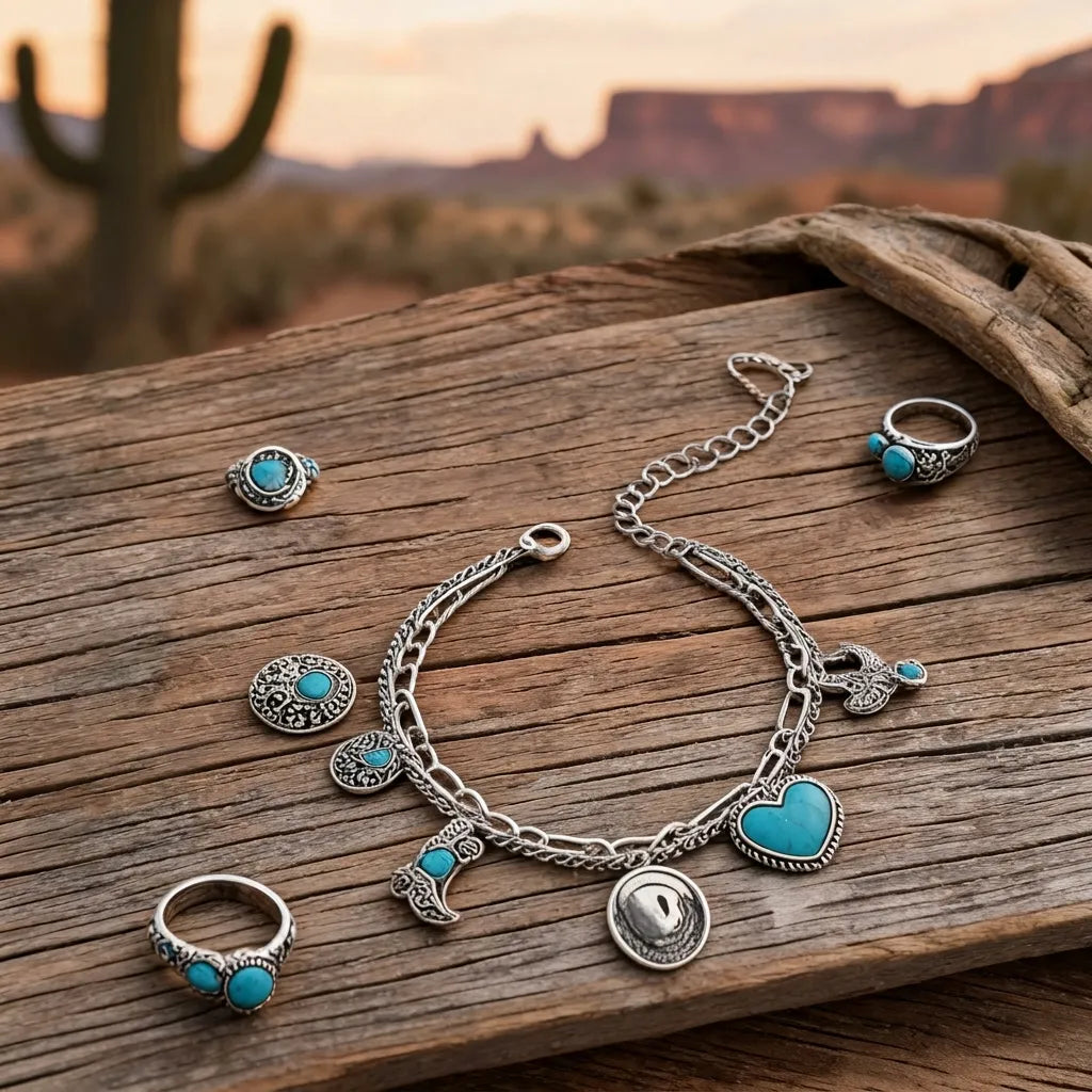 ✨This Week's Special Price🏇🤠Handmade Western Cowboy Charm Bracelet with Boot Hat Cactus & Heart Charms🌵