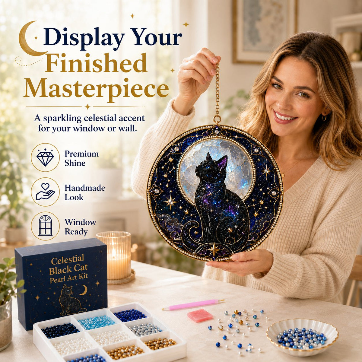 🔥Last Day 50% OFF -🌙🐈‍⬛ Premium 3D Pearl Celestial Black Cat Window Hanging Kit