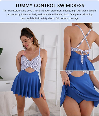 ⚡Hot Sales 49% OFF🔥Women Cutout One Piece Skirt Swimsuit V Neck Wrap Tie Back Swimdress Tummy Control Bathing Suits High Rise Swimwear High Waist Swimwsuit