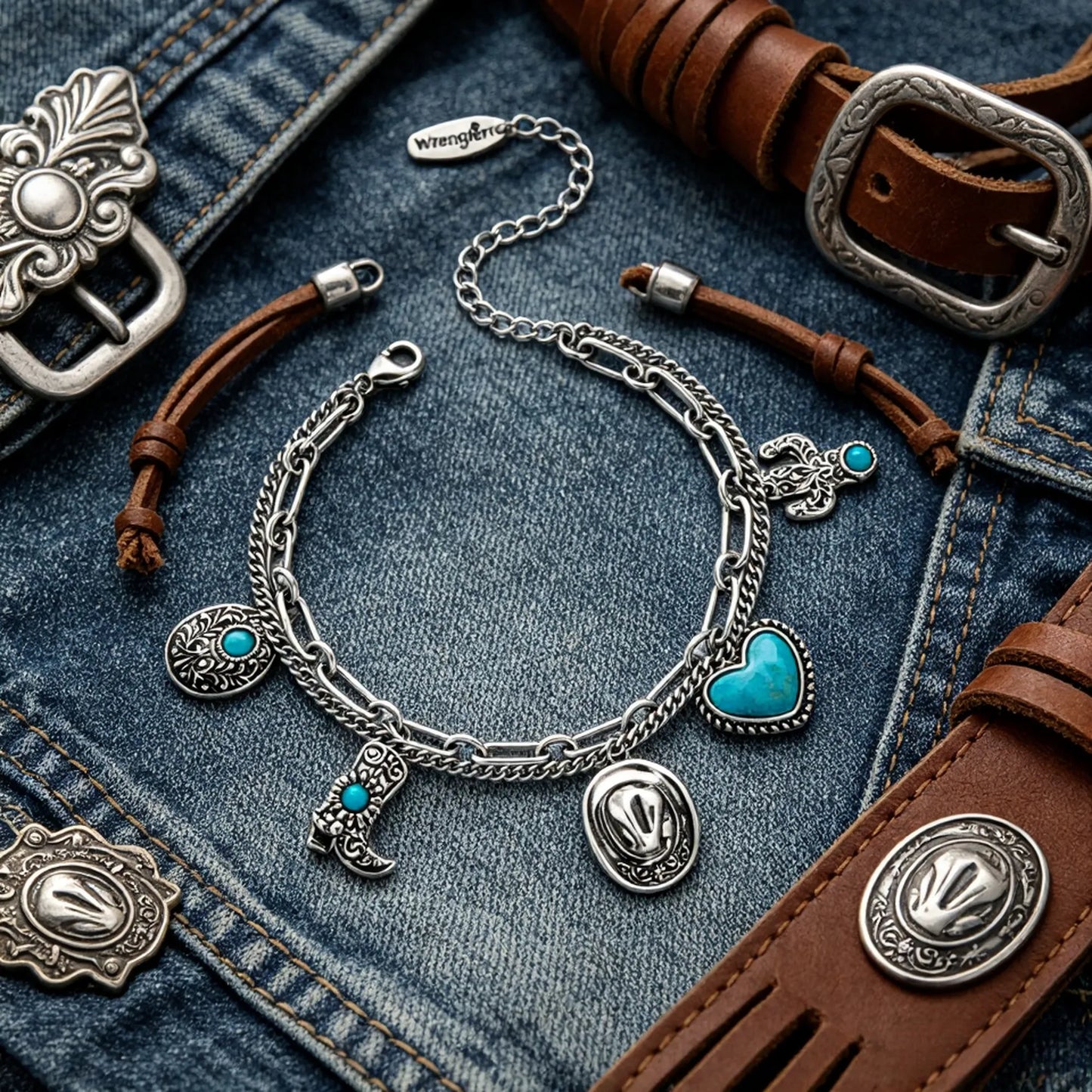 ✨This Week's Special Price🏇🤠Handmade Western Cowboy Charm Bracelet with Boot Hat Cactus & Heart Charms🌵