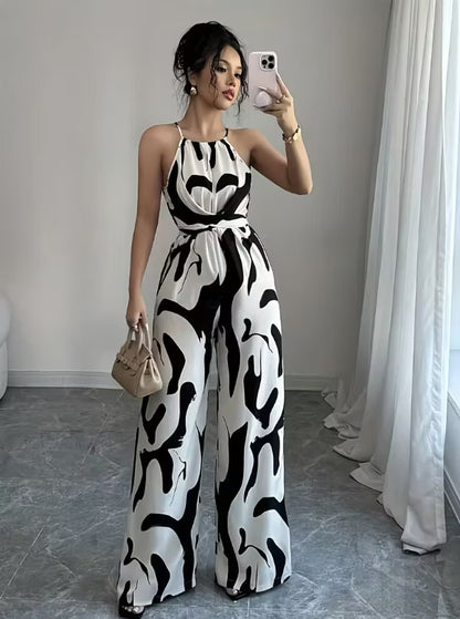 Luxury Satin Abstract Print Halter Jumpsuit | High Waist Belt Wide Leg Floor-Length Pants Elegant One Piece Outfit For Vacation, Date & Office 👗✨