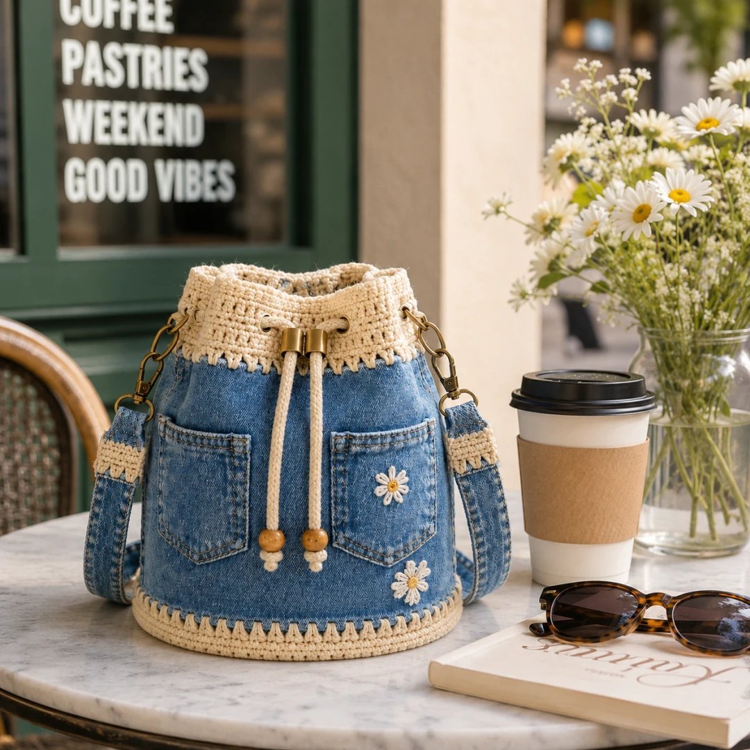 👜✨Handmade Denim Crochet Bucket Bag Stylish Woven Shoulder Tote Everyday Fashion✨👜