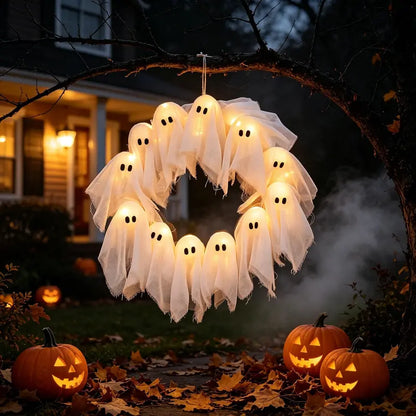 👻 LAST DAY 50% OFF – Glowing Ghost Wreath – Halloween Door Decor