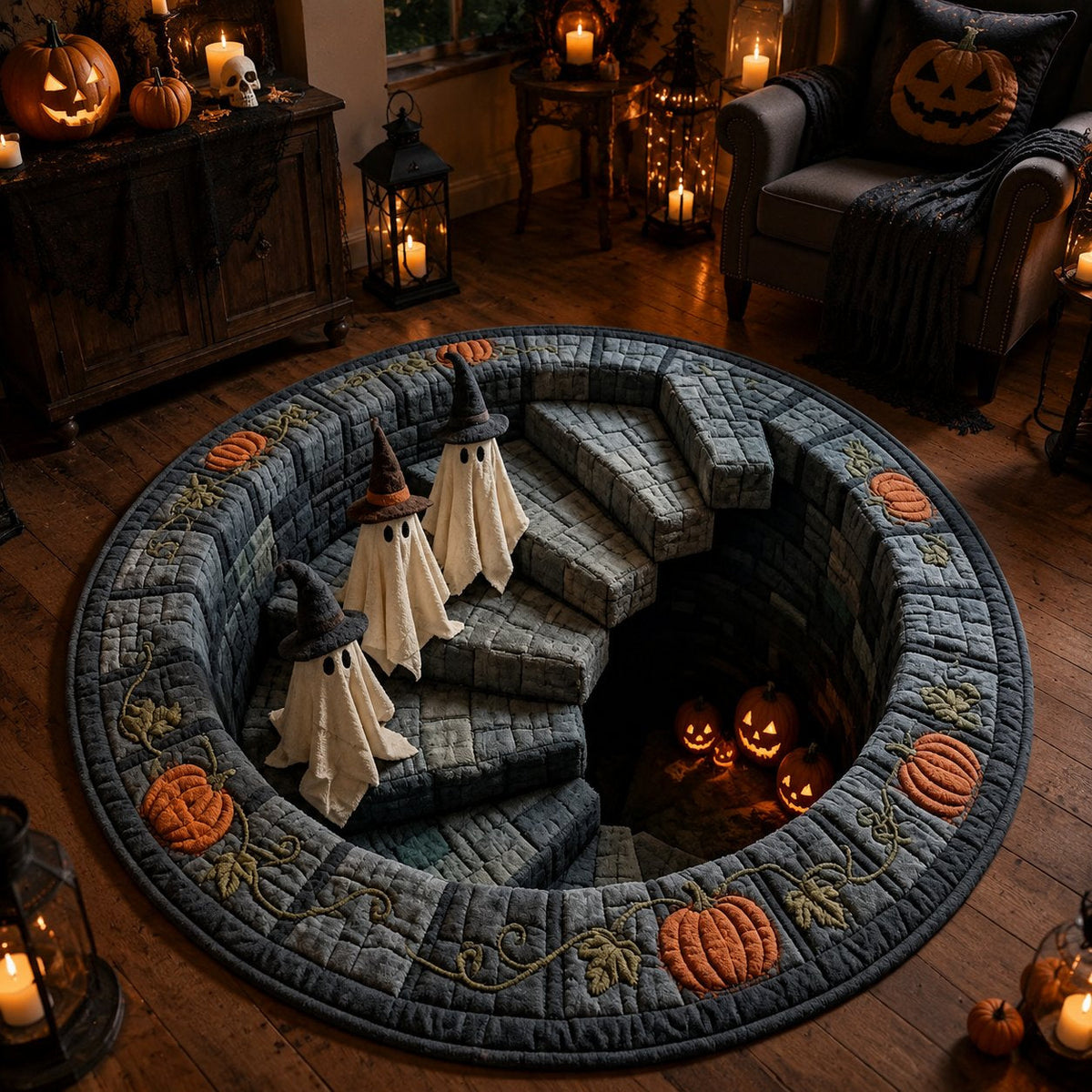 🎃👻 3D Haunted Staircase Round Rug Spooky Halloween Optical Illusion Floor Decor🔥