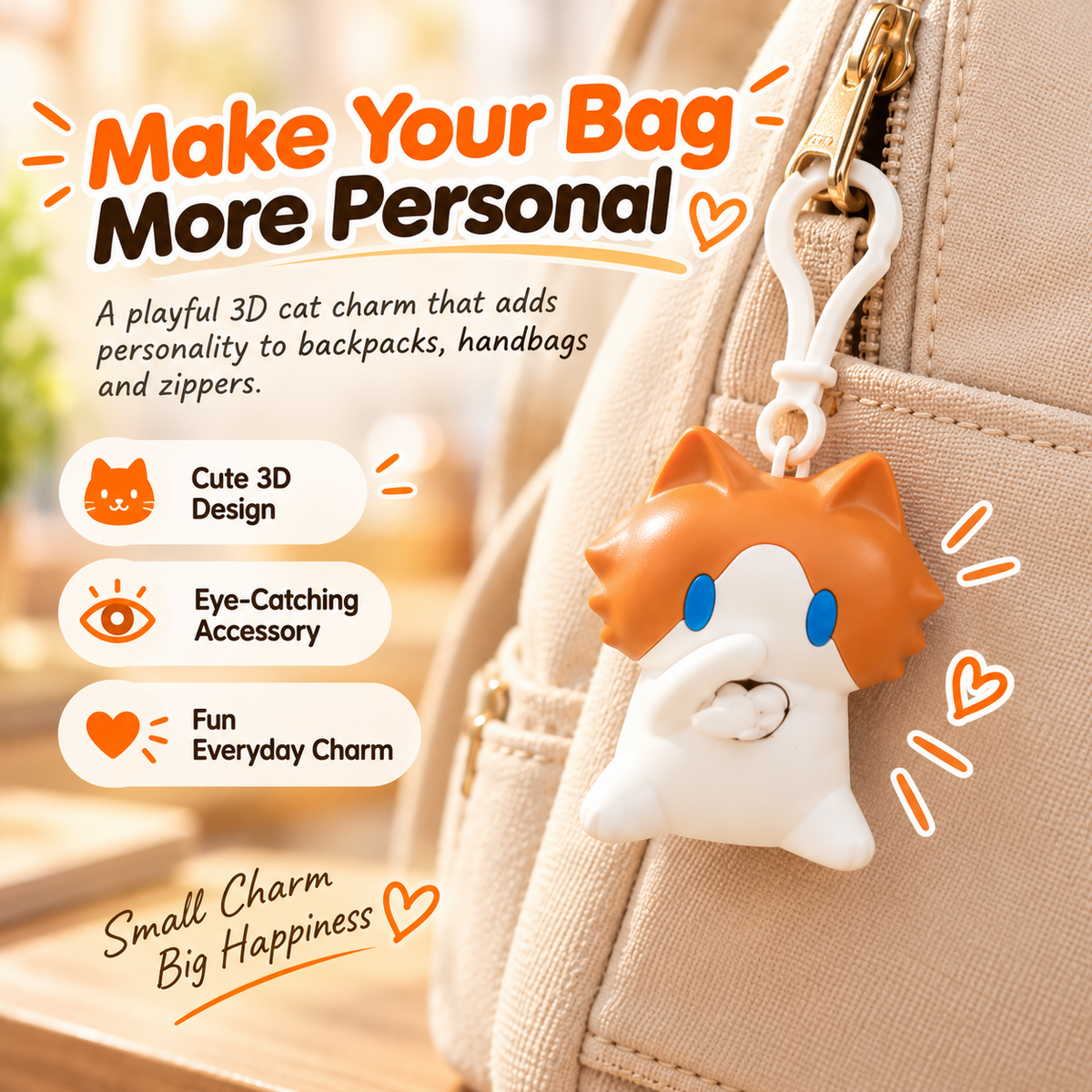🐱 Interactive Waving Cat Keychain & Backpack Charm – Pull to Make It Wave
