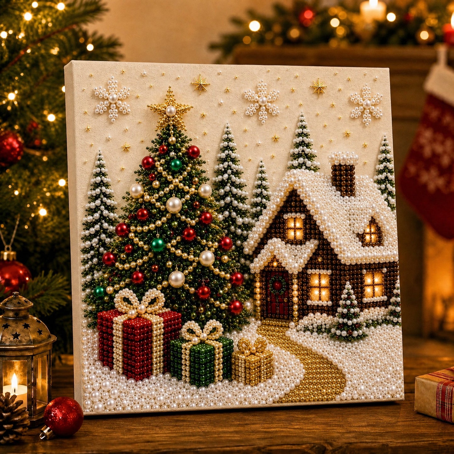 🎅 🎄 Premium 3D Pearl Christmas Wall Art Kit | Luxury Flocked Canvas with Scratch-Resistant Non-Fading Pearl Beads DIY Holiday Decor⛄️❄️