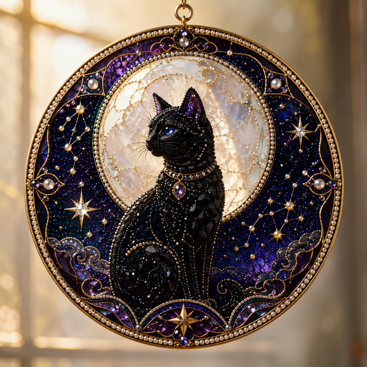 🔥Last Day 50% OFF -🌙🐈‍⬛ Premium 3D Pearl Celestial Black Cat Window Hanging Kit