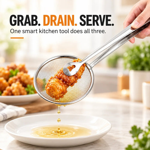 🔥 Buy 1 Get 1 🔥-2-in-1 Stainless Steel Strainer Tongs – Grab, Drain & Serve with One Tool