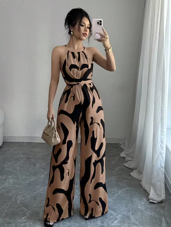 Luxury Satin Abstract Print Halter Jumpsuit | High Waist Belt Wide Leg Floor-Length Pants Elegant One Piece Outfit For Vacation, Date & Office 👗✨