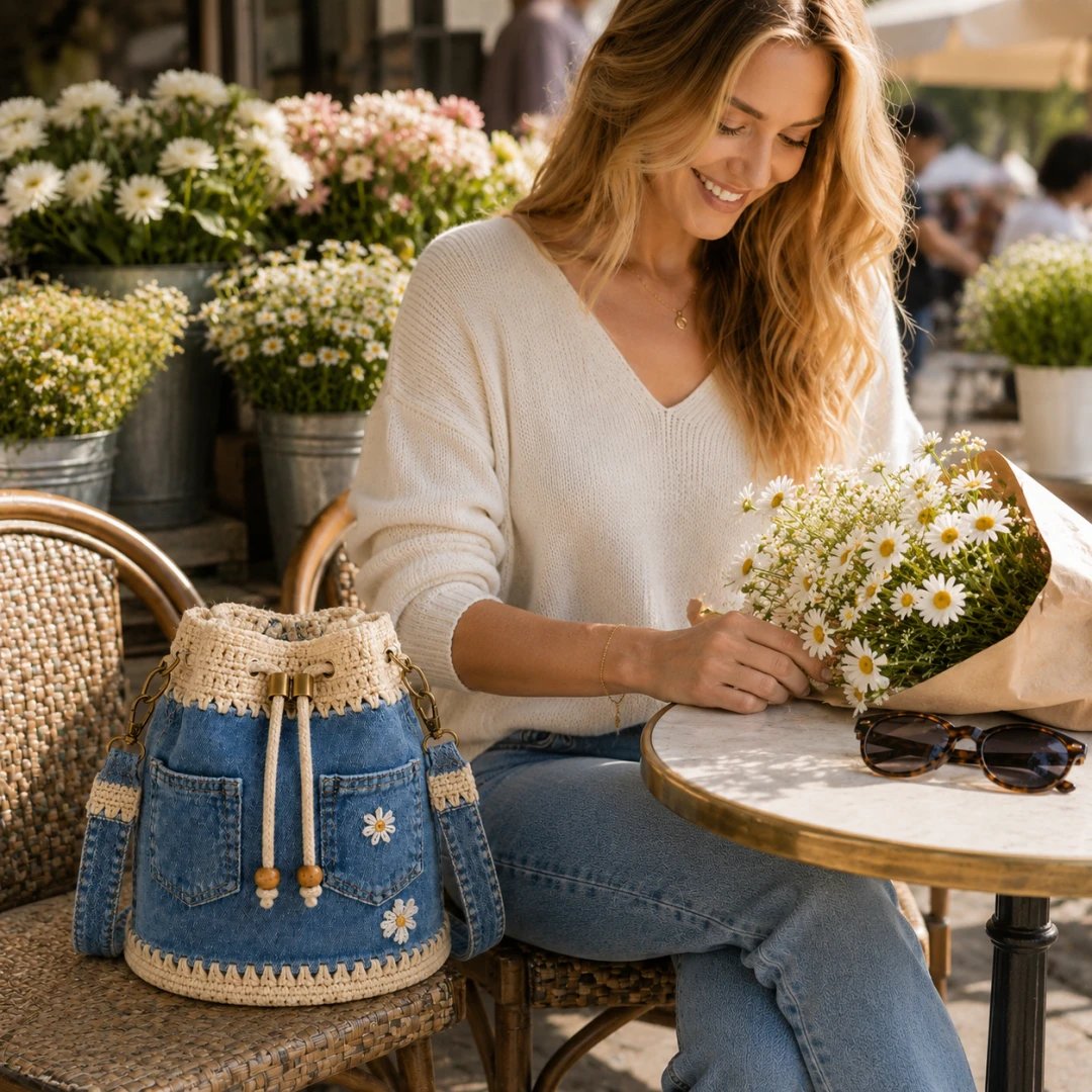 👜✨Handmade Denim Crochet Bucket Bag Stylish Woven Shoulder Tote Everyday Fashion✨👜