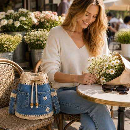 👜✨Handmade Denim Crochet Bucket Bag Stylish Woven Shoulder Tote Everyday Fashion✨👜