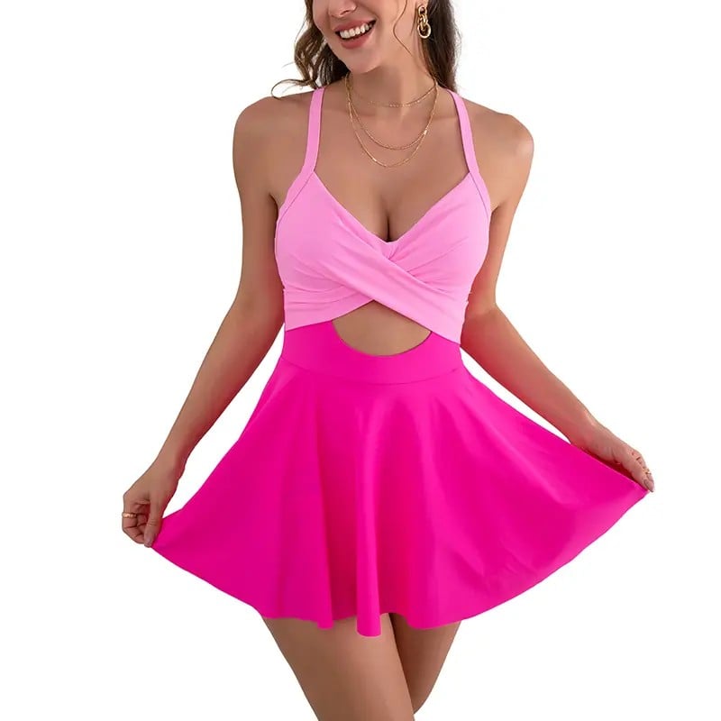 ⚡Hot Sales 49% OFF🔥Women Cutout One Piece Skirt Swimsuit V Neck Wrap Tie Back Swimdress Tummy Control Bathing Suits High Rise Swimwear High Waist Swimwsuit