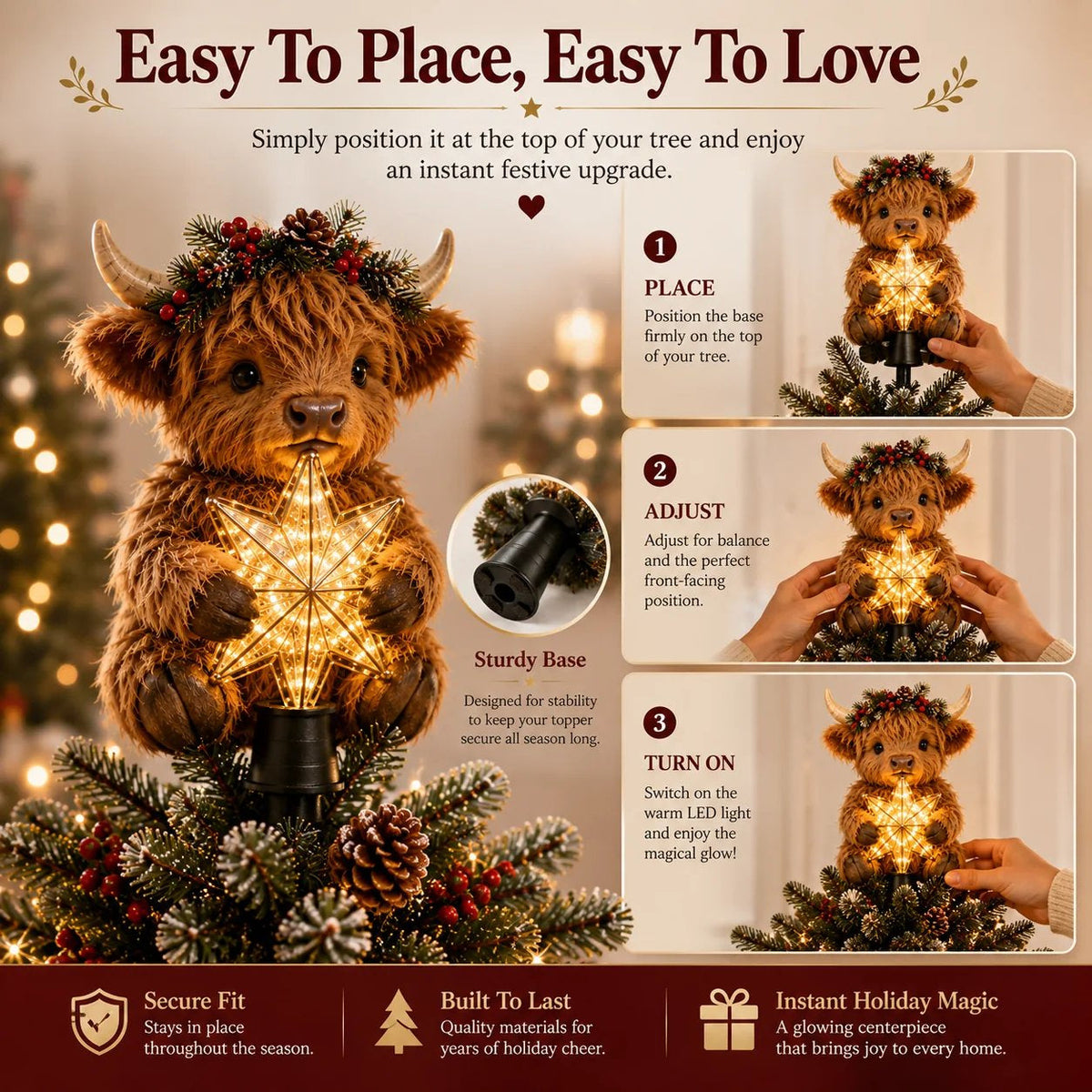 🎄 Last Day 50% OFF✨-🐮Baby Highland Cow Glowing Star Tree Topper for Magical Christmas Decor ✨