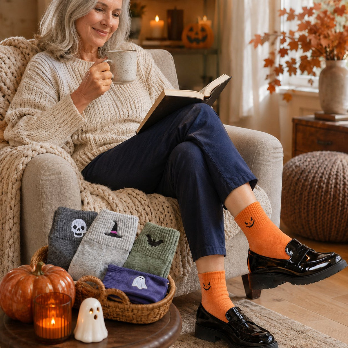🔥🎃 100% Cotton - Viral Halloween Embroidered Crew Socks – Cute Spooky Knit Socks✨