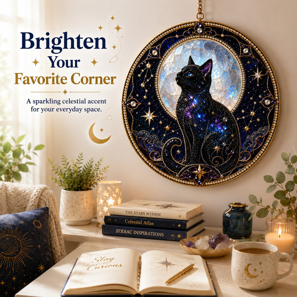🔥Last Day 50% OFF -🌙🐈‍⬛ Premium 3D Pearl Celestial Black Cat Window Hanging Kit