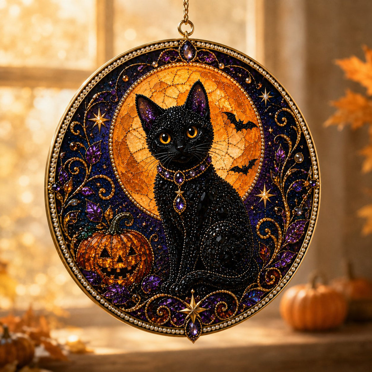 🔥Last Day 50% OFF -🌙🐈‍⬛ Premium 3D Pearl Celestial Black Cat Window Hanging Kit