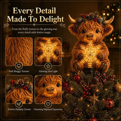 🎄 Last Day 50% OFF✨-🐮Baby Highland Cow Glowing Star Tree Topper for Magical Christmas Decor ✨