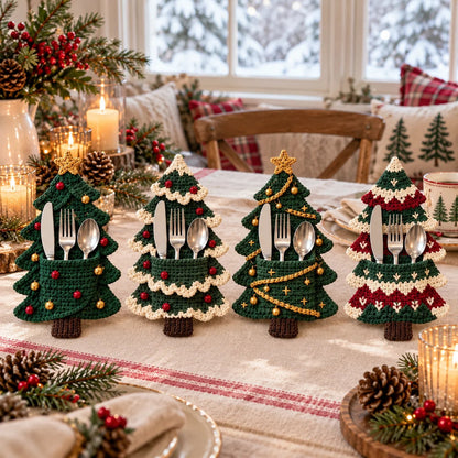 🧶 Holiday Celebration 50% OFF ✨-🎄 4 Cute Crochet Christmas Tree Cutlery Holder Patterns 🎁