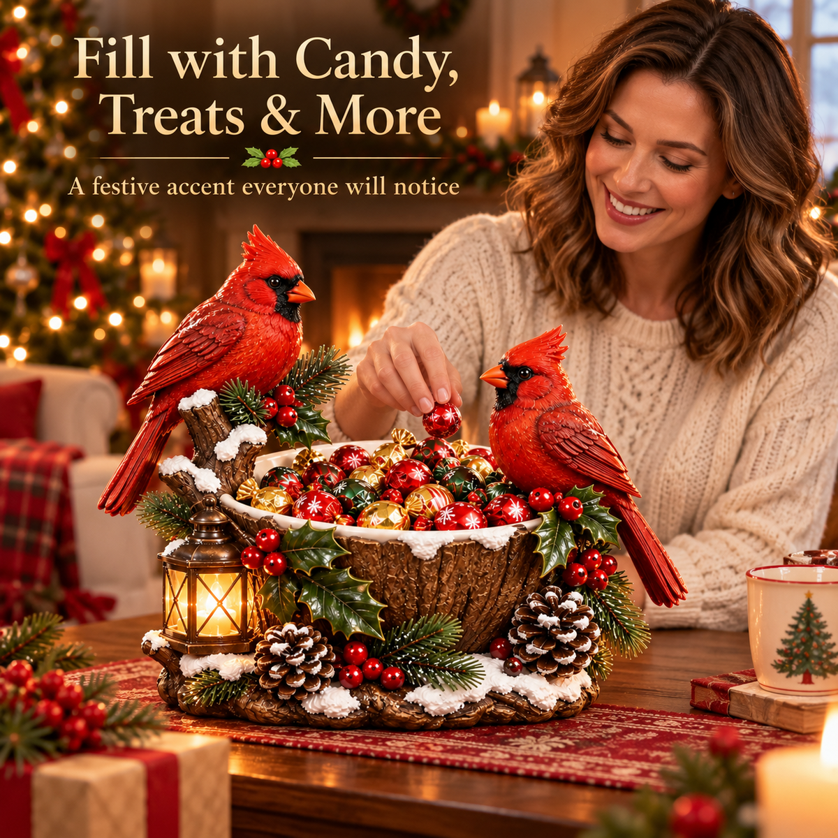 ❤️ LAST DAY – 50% OFF! 🎄 Lighted Cardinal Christmas Candy Bowl – Festive Holiday Treat Bowl & Tabletop Decor