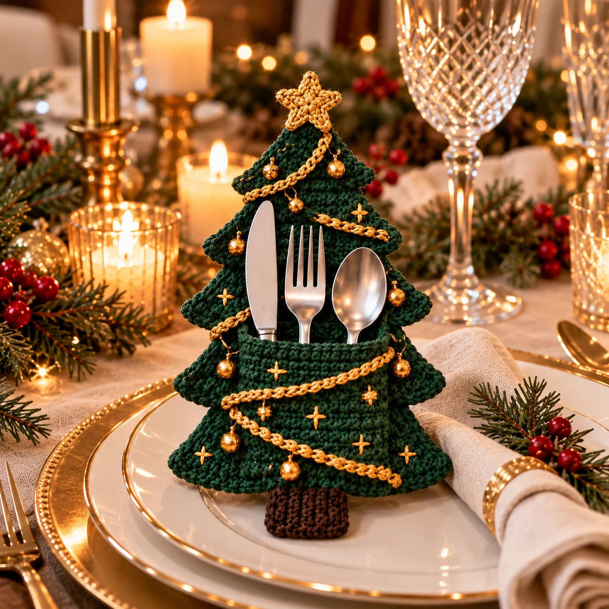 🧶 Holiday Celebration 50% OFF ✨-🎄 4 Cute Crochet Christmas Tree Cutlery Holder Patterns 🎁