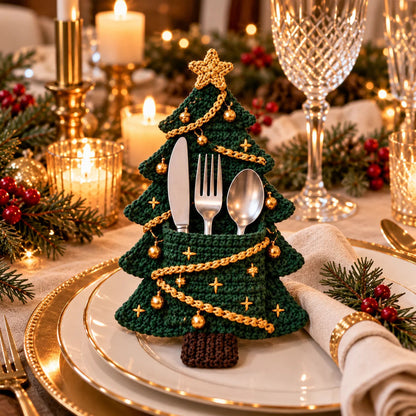🧶 Holiday Celebration 50% OFF ✨-🎄 4 Cute Crochet Christmas Tree Cutlery Holder Patterns 🎁