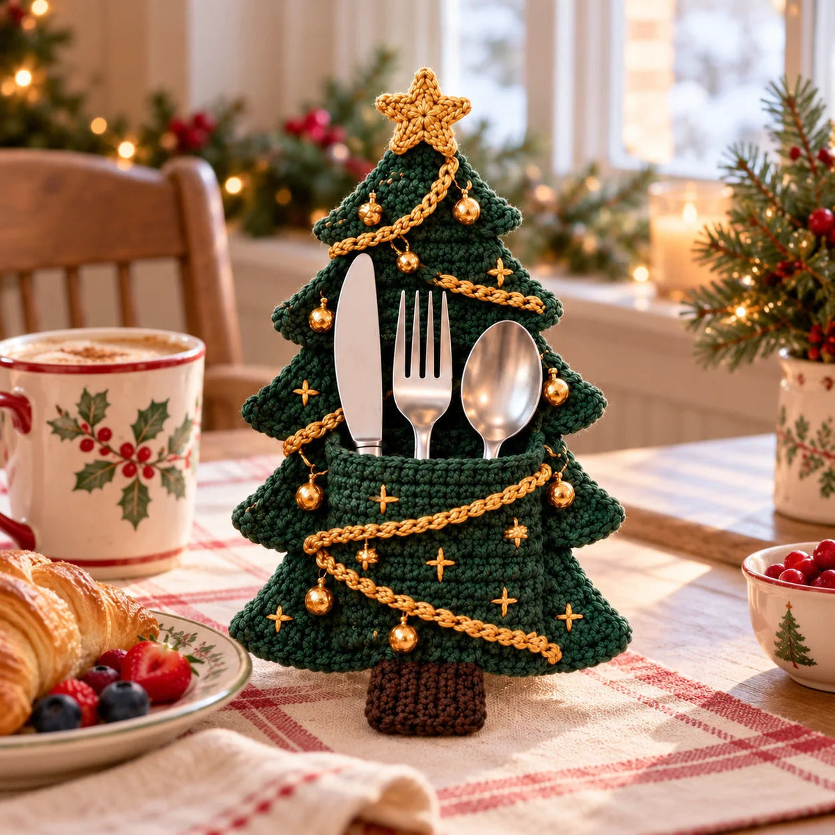 🧶 Holiday Celebration 50% OFF ✨-🎄 4 Cute Crochet Christmas Tree Cutlery Holder Patterns 🎁