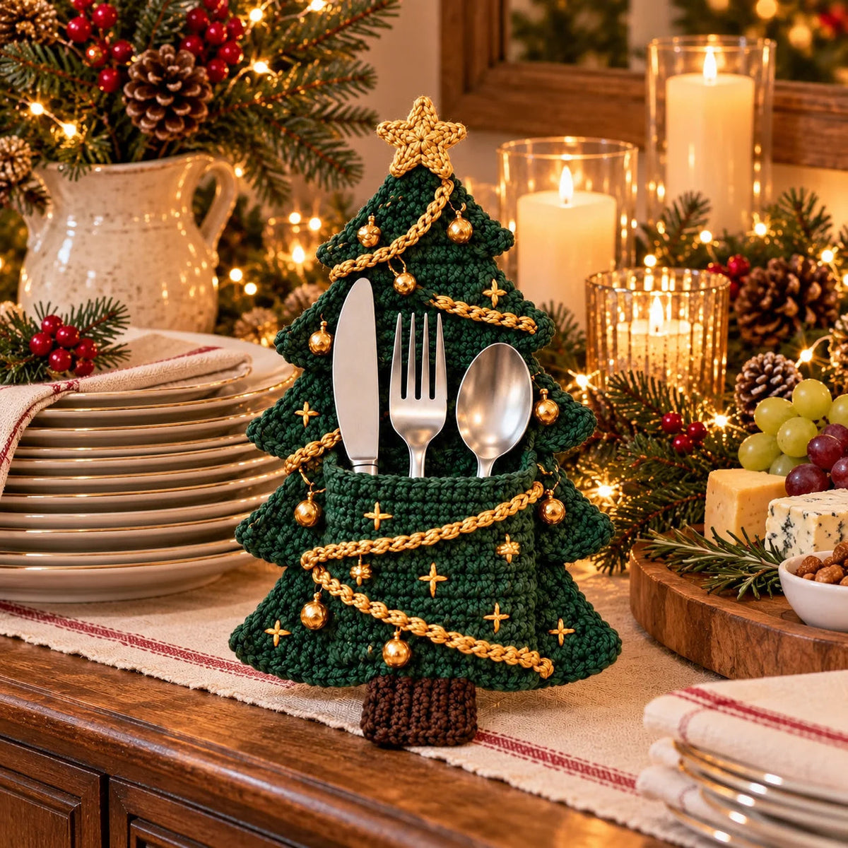 🧶 Holiday Celebration 50% OFF ✨-🎄 4 Cute Crochet Christmas Tree Cutlery Holder Patterns 🎁