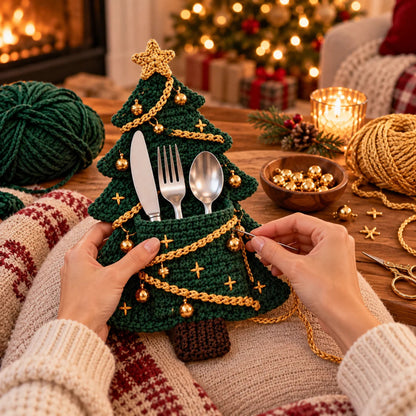 🧶 Holiday Celebration 50% OFF ✨-🎄 4 Cute Crochet Christmas Tree Cutlery Holder Patterns 🎁