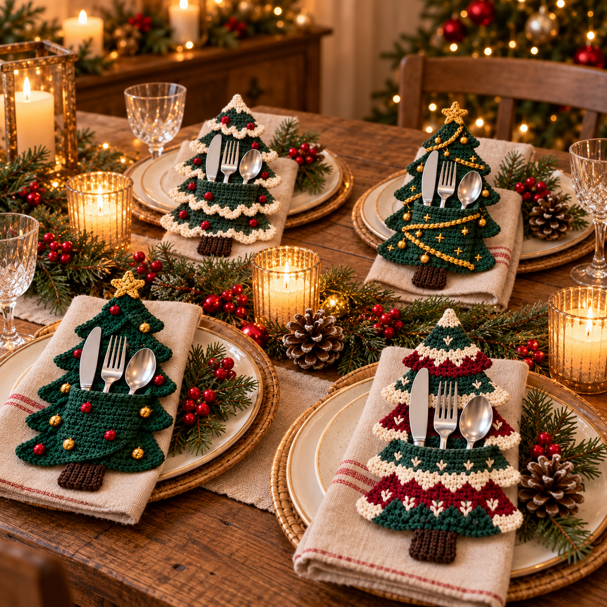 🧶 Holiday Celebration 50% OFF ✨-🎄 4 Cute Crochet Christmas Tree Cutlery Holder Patterns 🎁