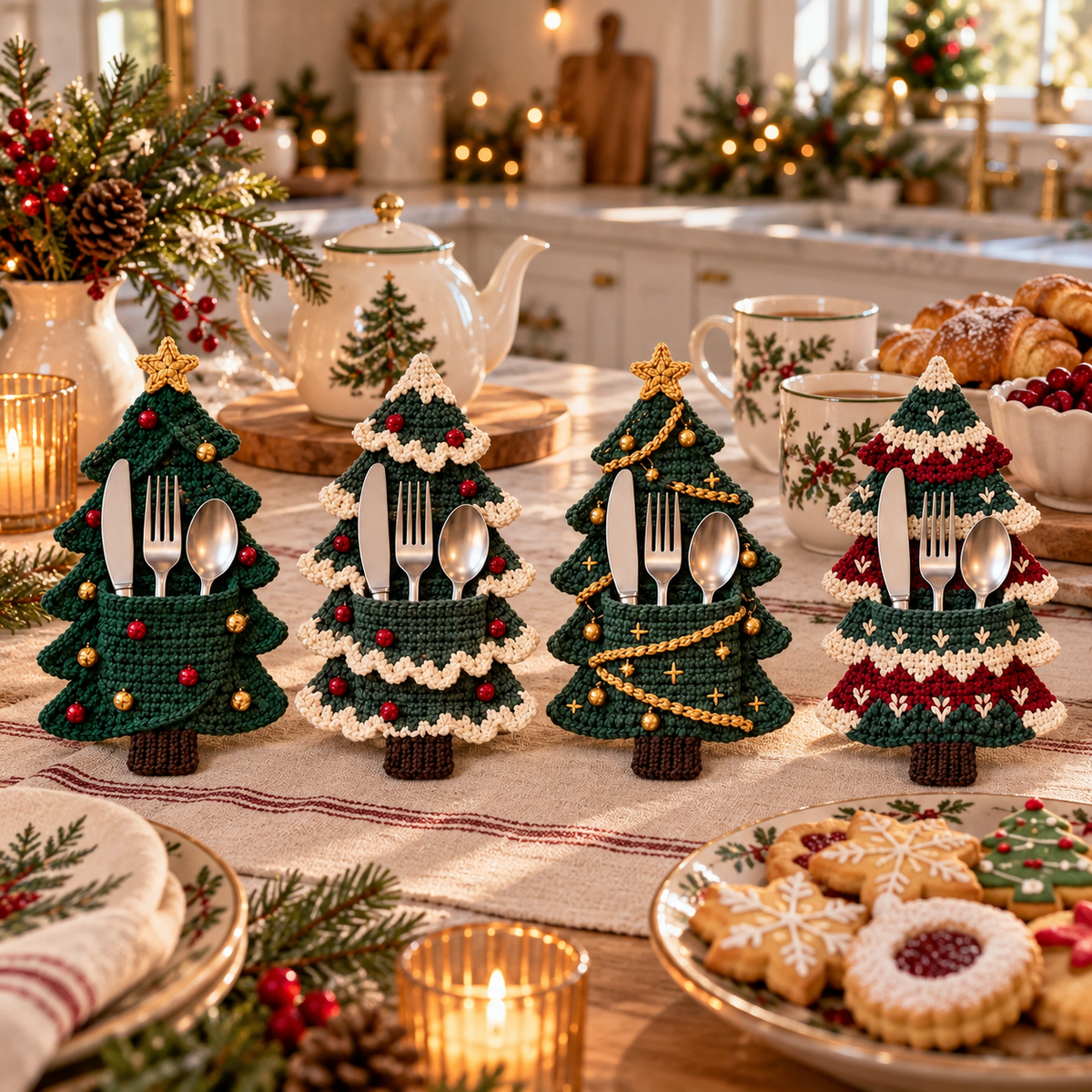🧶 Holiday Celebration 50% OFF ✨-🎄 4 Cute Crochet Christmas Tree Cutlery Holder Patterns 🎁