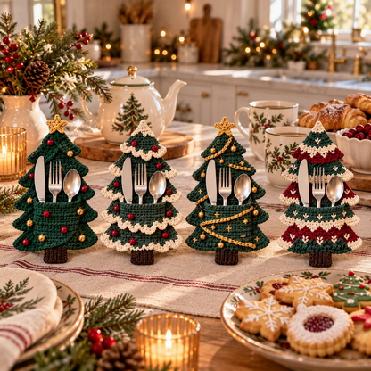 🧶 Holiday Celebration 50% OFF ✨-🎄 4 Cute Crochet Christmas Tree Cutlery Holder Patterns 🎁