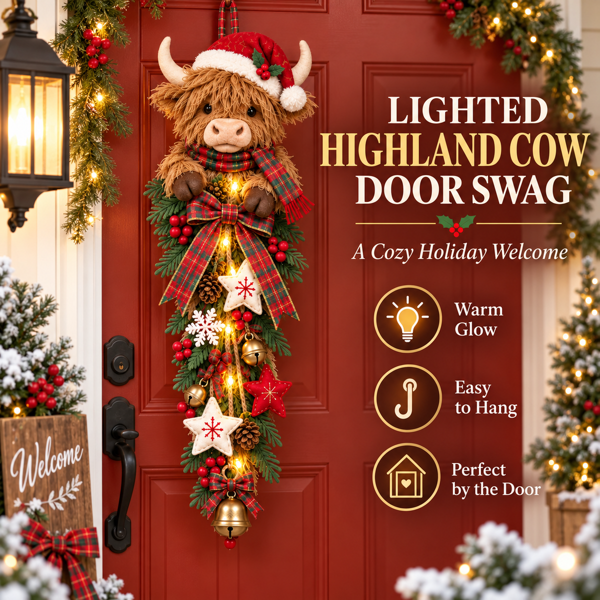 Last Day 50% OFF 🎀✨-🎄 Lighted Highland Cow Christmas Door Swag