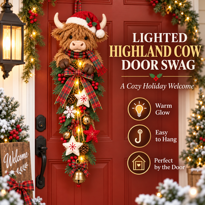 Last Day 50% OFF 🎀✨-🎄 Lighted Highland Cow Christmas Door Swag