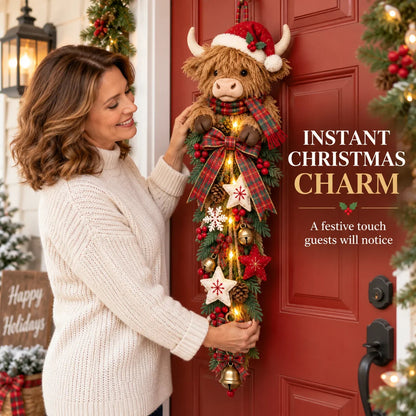 Last Day 50% OFF 🎀✨-🎄 Lighted Highland Cow Christmas Door Swag