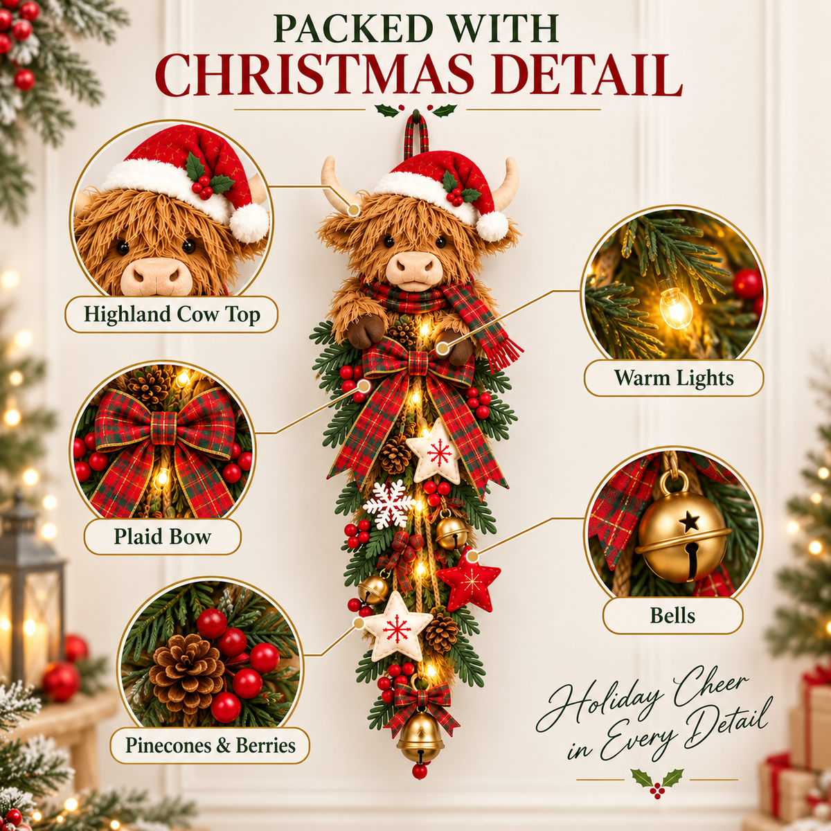 Last Day 50% OFF 🎀✨-🎄 Lighted Highland Cow Christmas Door Swag