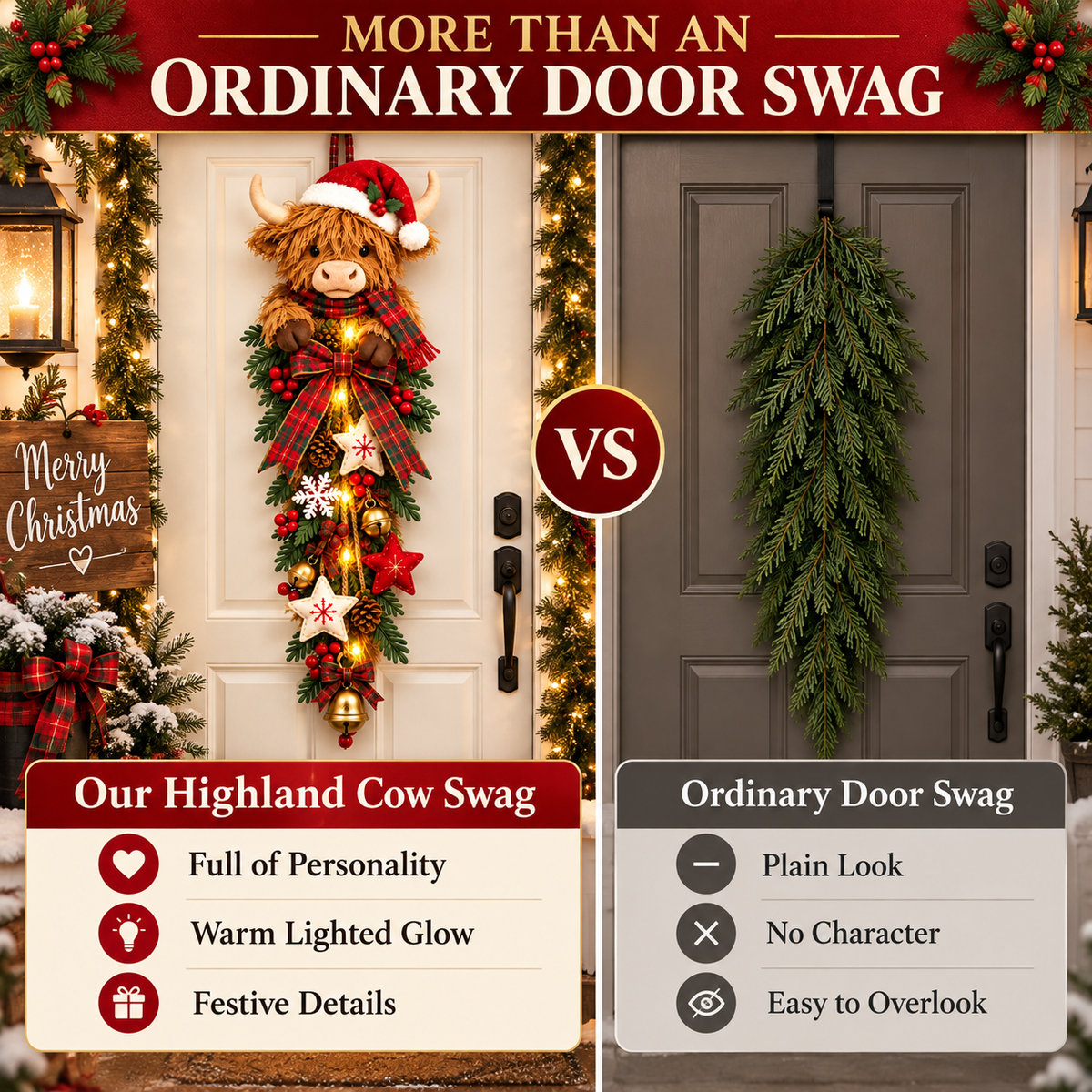 Last Day 50% OFF 🎀✨-🎄 Lighted Highland Cow Christmas Door Swag
