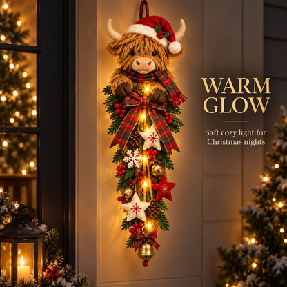 Last Day 50% OFF 🎀✨-🎄 Lighted Highland Cow Christmas Door Swag