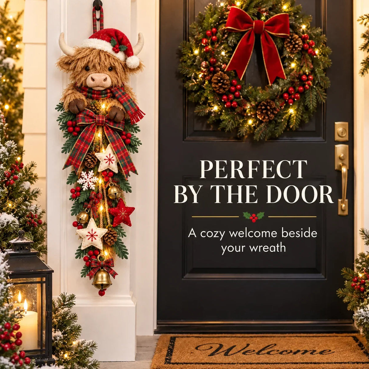 Last Day 50% OFF 🎀✨-🎄 Lighted Highland Cow Christmas Door Swag