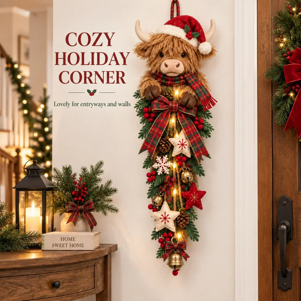 Last Day 50% OFF 🎀✨-🎄 Lighted Highland Cow Christmas Door Swag