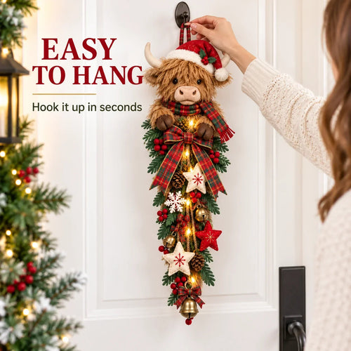 Last Day 50% OFF 🎀✨-🎄 Lighted Highland Cow Christmas Door Swag