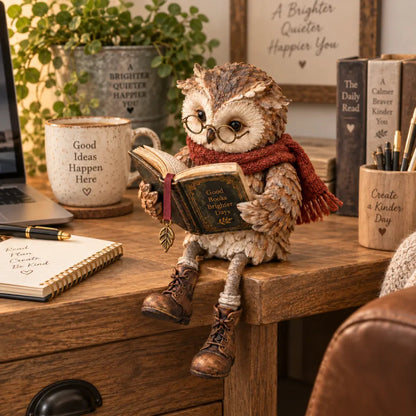 🦉 Reading Owl Figurine with Glasses, Book & Dangling Boots | Rustic Woodland Tabletop Decor