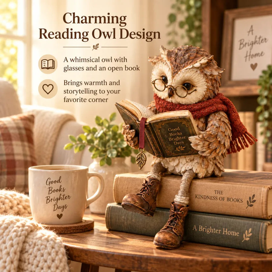 🦉 Reading Owl Figurine with Glasses, Book & Dangling Boots | Rustic Woodland Tabletop Decor