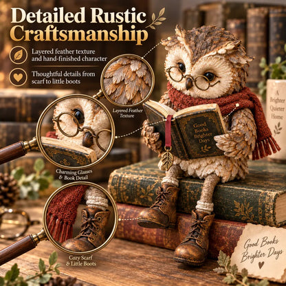 🦉 Reading Owl Figurine with Glasses, Book & Dangling Boots | Rustic Woodland Tabletop Decor