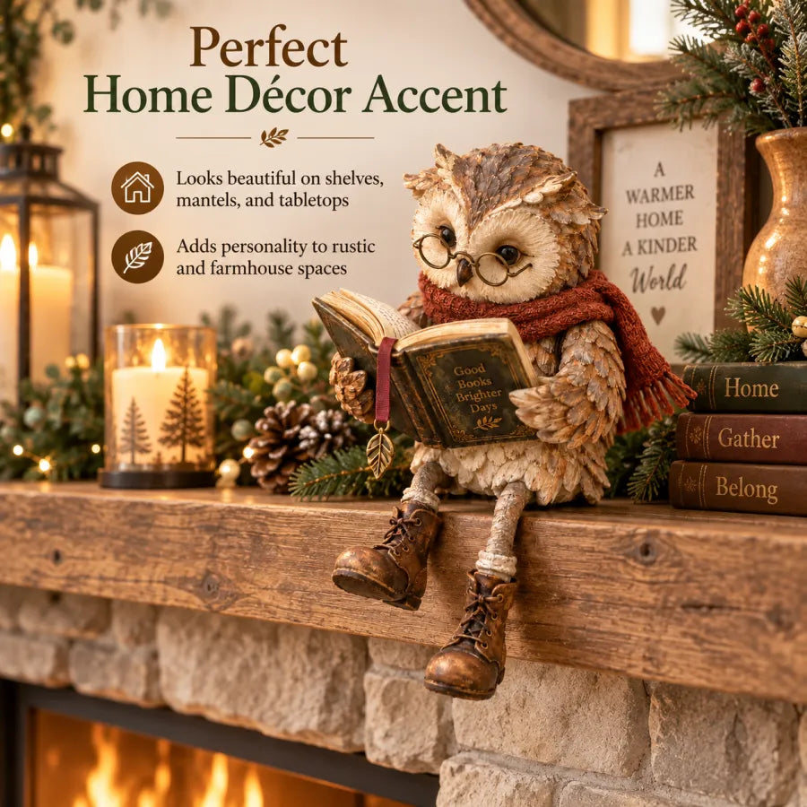 🦉 Reading Owl Figurine with Glasses, Book & Dangling Boots | Rustic Woodland Tabletop Decor