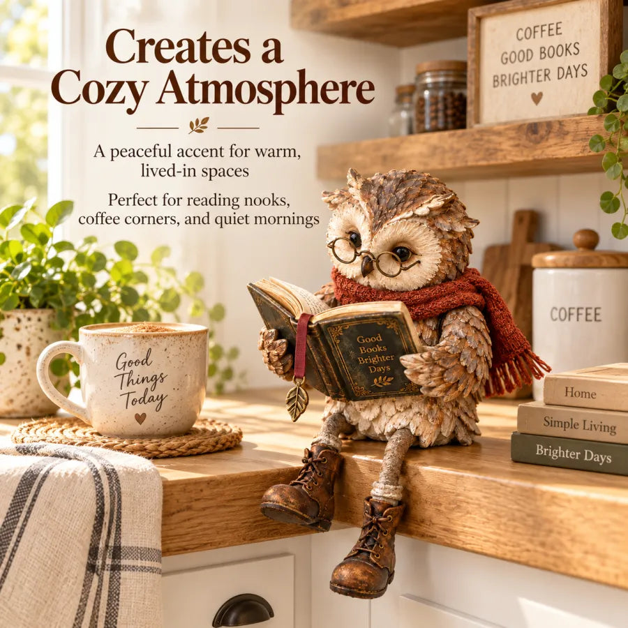 🦉 Reading Owl Figurine with Glasses, Book & Dangling Boots | Rustic Woodland Tabletop Decor